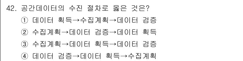 지적기사 2016년 42번 - 공간데이터의 수집 절차는 데이터 검증을 통해 수집된 데이터의 정확성과 신... 에 관한 핵심 기출문제