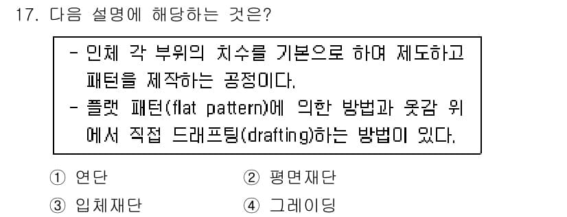 여성복기능사 2015년 17번 - . 

설명에 따르면, 인체 부위의 치수를 바탕으로 패턴을 제작하는 과정... 에 관한 핵심 기출문제