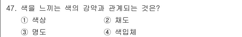 여성복기능사 2016년 47번 - . 채도  
색의 강약은 채도와 밀접하게 관련되며, 채도가 높을수록 색이... 에 관한 핵심 기출문제