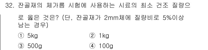 건설재료시험기능사 2015년 32번 - 잔골재의 최저 건조 질량은 시험에 사용되는 시료의 질량에 따라 결정되며,... 에 관한 핵심 기출문제