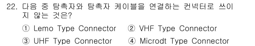 초음파비파괴검사기사(구) 2015년 22번 - 정답은 3번 Microdot Type Connector입니다. Micro... 에 관한 핵심 기출문제