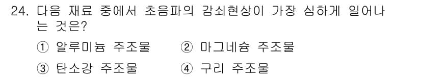 초음파비파괴검사기사 2015년 24번 - 초음파 비파괴 검사에서 감쇠 현상은 재료의 물리적 특성에 크게 의존합니다... 에 관한 핵심 기출문제