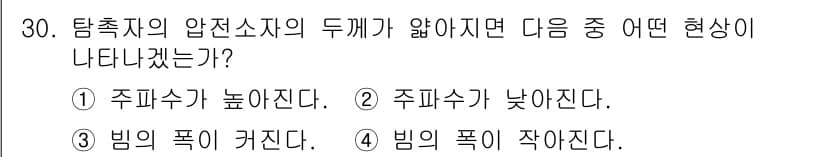 초음파비파괴검사기사 2015년 30번 - 압전소자의 두께가 얇아지면 주파수가 높아지므로 주파수가 낮아지는 현상은 ... 에 관한 핵심 기출문제