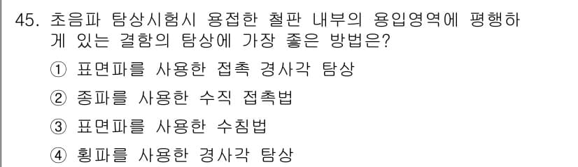 초음파비파괴검사기사 2015년 45번 - 초음파 탐상시험에서 용접한 재료의 내부 결함을 효과적으로 탐지하기 위해서... 에 관한 핵심 기출문제