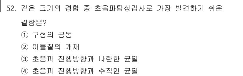 초음파비파괴검사기사 2015년 52번 - 정답은 5. 초음파 진행방향과 수직인 규면입니다. 이는 초음파가 수직으로... 에 관한 핵심 기출문제