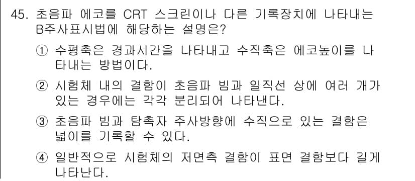초음파비파괴검사기사 2016년 45번 - 초음파 에코의 CRT 스크린은 물체의 내부 결함을 탐지하는 방식을 보여줍... 에 관한 핵심 기출문제