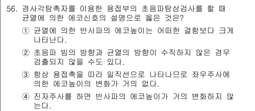 초음파비파괴검사기사 2016년 56번 - . 초음파 빔 방향과 규연의 방향이 수직하지 않은 경우 검출되지 않을 수... 에 관한 핵심 기출문제