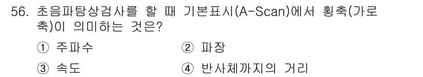 초음파비파괴검사기사(구) 2017년 56번 - 정답 4번, 반사체까지의 거리입니다. A-Scan은 초음파 신호가 발생해... 에 관한 핵심 기출문제
