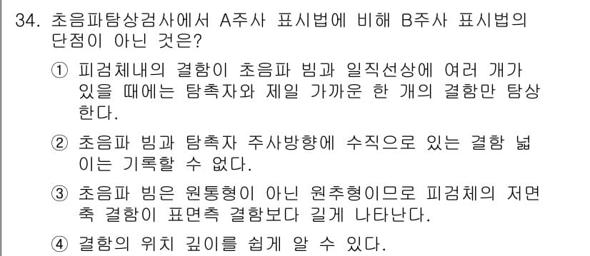 초음파비파괴검사기사 2017년 34번 - 정답 4번은 초음파 비파괴 검사에서 결함의 위치나 크기를 결정하는 일이 ... 에 관한 핵심 기출문제