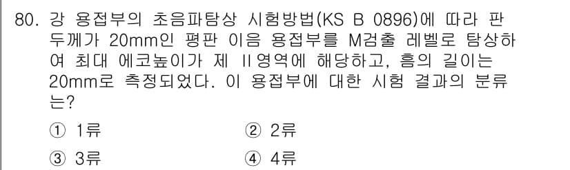 초음파비파괴검사기사 2017년 80번 - 강 용접부의 초음파 비파괴 검사에서 나타난 M2등급 레벨은 표면 불연속성... 에 관한 핵심 기출문제