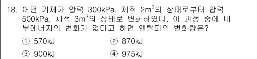 에너지관리산업기사 2016년 18번 - 주어진 조건에서 기체의 압력과 부피 변화를 고려할 때, 엔탈피 변화는 기... 에 관한 핵심 기출문제