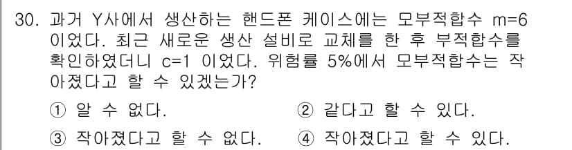 품질경영산업기사 2016년 30번 - . 

핵심 해설: 부적합 수를 확인할 때, 주어진 c-값과 m-값을 활... 에 관한 핵심 기출문제