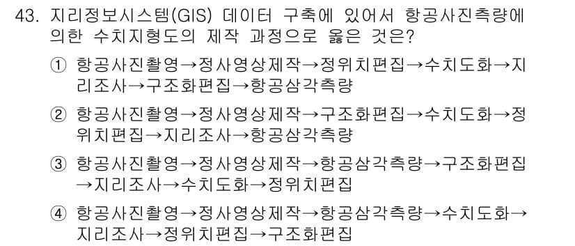 측량및지형공간정보산업기사 2016년 43번 - 항공사진촬영은 지리정보시스템(GIS) 데이터 구축에 있어 기본 데이터 수... 에 관한 핵심 기출문제