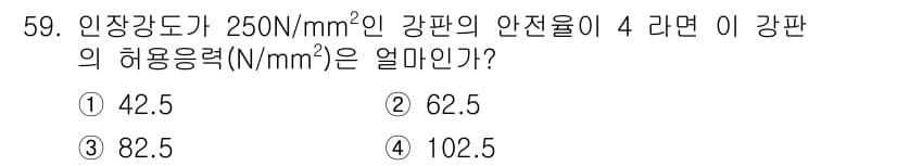 산업안전기사 2018년 59번 - 안전율이 4인 경우, 허용응력은 인장강도를 안전율로 나눈 값입니다. 따라... 에 관한 핵심 기출문제