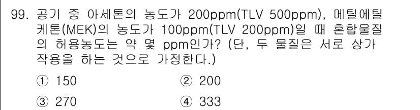 산업안전기사 2018년 99번 - 혼합물질의 허용농도는 각 물질의 농도를 TLV로 나누어 계산한 후 합산하... 에 관한 핵심 기출문제
