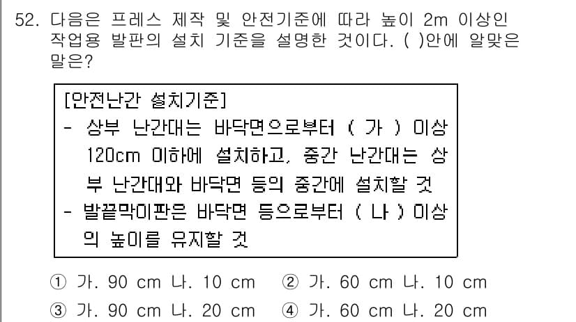 산업안전기사_필기 2018년 52번 - 해설: 안전 판넬의 설치 기준은 상부 난간의 높이가 110cm 이상이어야... 에 관한 핵심 기출문제