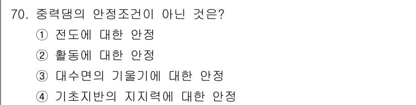산림산업기사(구60문항) 2018년 70번 - 중력댐의 안정조건은 구조물의 전반적인 안정성과 관련이 있으며, 대수면의 ... 에 관한 핵심 기출문제