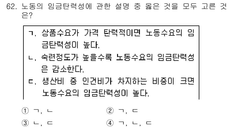 직업상담사_2급(구) 2018년 62번 - 정답 3번은 생산비 중 인건비 차지가 크면 노동수요의 임금탄력성이 높아진... 에 관한 핵심 기출문제