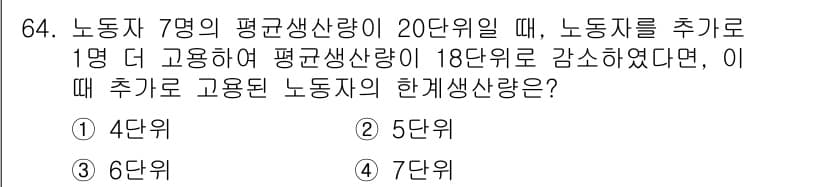 직업상담사_2급(구) 2018년 64번 - 추가로 고용된 노동자의 평균생산량은 18단위이며, 전체 노동자 7명의 평... 에 관한 핵심 기출문제