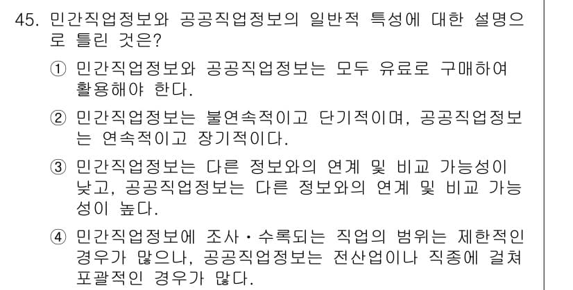 직업상담사_2급 2018년 45번 - 민간직업정보는 고객 맞춤형으로 제공되어야 하며, 사용자와의 연계성이 높습... 에 관한 핵심 기출문제