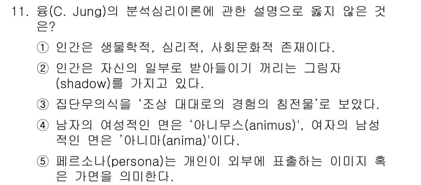 사회복지사_1급(1교시)(구) 2018년 11번 - 칼 융의 이론에서 집단무의식은 개인의 경험이 아닌 집단의 경험에 상응하며... 에 관한 핵심 기출문제