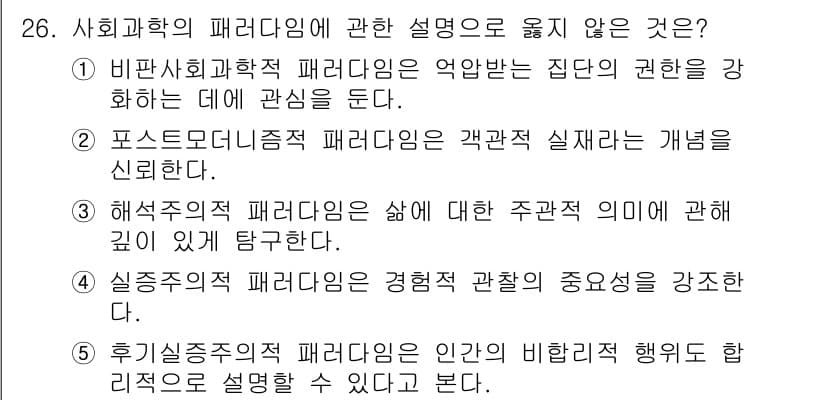 사회복지사_1급(1교시)(구) 2018년 26번 - 포스트모더니즘 패러다임은 객관적 실재는 신뢰할 수 없다는 개념을 포함하므... 에 관한 핵심 기출문제