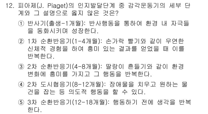 사회복지사_1급(1교시) 2018년 12번 - 문제에서 묻는 것은 피아제의 인지발달단계에서 잘못 설명된 부분이다. 3번... 에 관한 핵심 기출문제