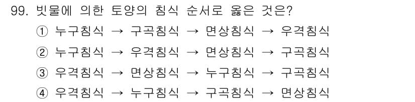 산림기사 2018년 99번 - 비트물의 침식 순서는 먼저 물의 흐름에 의해 침식이 진행되는 과정으로, ... 에 관한 핵심 기출문제