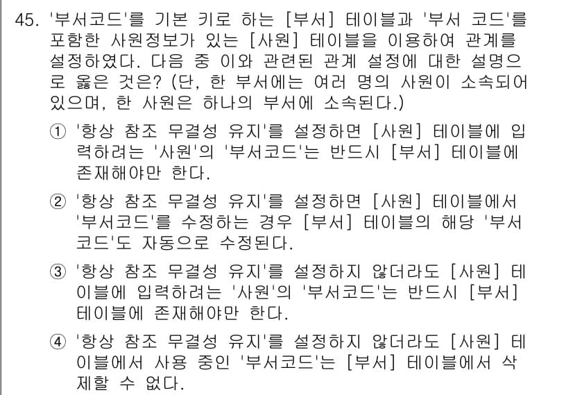 컴퓨터활용능력_1급 2018년 45번 - . 

이유: '부서 코드'는 '부서' 테이블의 기본 키로 설정되어, '... 에 관한 핵심 기출문제