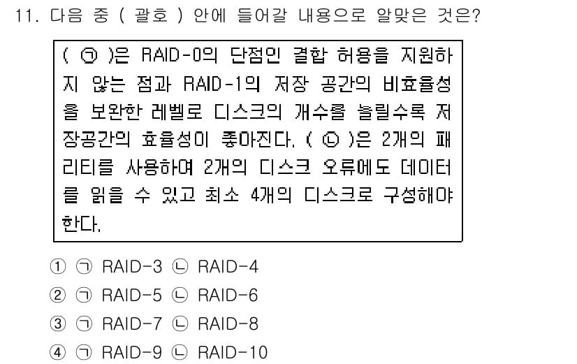 리눅스마스터_1급 2018년 11번 - RAID-1은 디스크의 미러링 방식으로, 동일한 데이터를 두 개의 디스크... 에 관한 핵심 기출문제