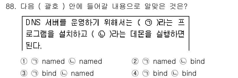 리눅스마스터_1급 2018년 88번 - . 

DNS 서버를 운영하기 위해서는 'named'라는 프로그램을 설치... 에 관한 핵심 기출문제