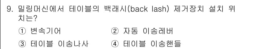 컴퓨터응용가공산업기사 2018년 9번 - . 데이터 이송 핸들

핵심 해설: 밀링 머신에서 백래시(backlash... 에 관한 핵심 기출문제