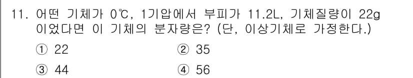 소방설비기사(기계분야) 2018년 12번 - 기체의 질량과 부피를 고려할 때, 주어진 정보에서 기체의 분자량을 구하기... 에 관한 핵심 기출문제