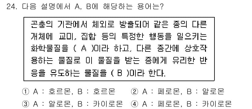 식물보호산업기사 2018년 24번 - (A)는 특정 행동을 일으키는 호르몬으로, 다양한 생리적 기능을 조절한다... 에 관한 핵심 기출문제