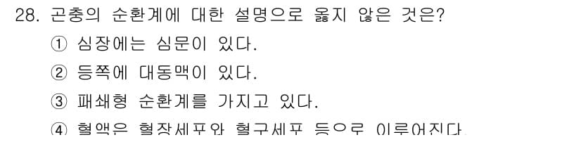 식물보호산업기사 2018년 28번 - 곤충의 순환계는 심장이 없고 혈액이 장기를 직접 씻어내는 방식으로 구성되... 에 관한 핵심 기출문제