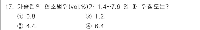 화재감식평가기사 2018년 17번 - . 

가솔린의 연소범위는 1.4~7.6%입니다. 이 범위 내에서 가장 ... 에 관한 핵심 기출문제