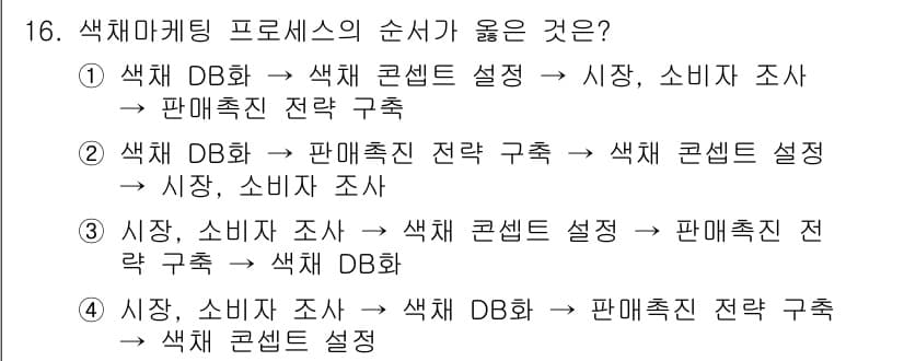 컬러리스트산업기사 2018년 16번 - 정답인 2번은 색채 마케팅 프로세스의 순서가 소비자 조사와 색채 컨셉 설... 에 관한 핵심 기출문제