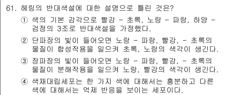 컬러리스트산업기사 2018년 62번 - 정답 4번은 색체 현상이 서로 다른 색상이 혼합될 때 어떻게 인지되는지를... 에 관한 핵심 기출문제