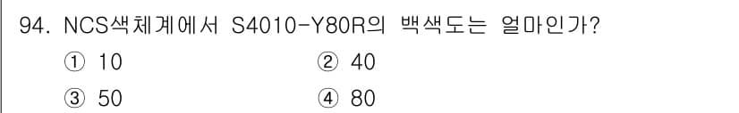 컬러리스트산업기사 2018년 95번 - 정답은 3번 50입니다. NCS 색체계에서 S4010-Y80R의 백색도는... 에 관한 핵심 기출문제
