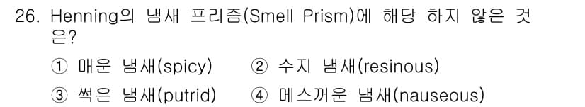 식품산업기사(구) 2018년 26번 - Henning의 냄새 프리즘(Smell Prism)은 다양한 기본적인 냄... 에 관한 핵심 기출문제
