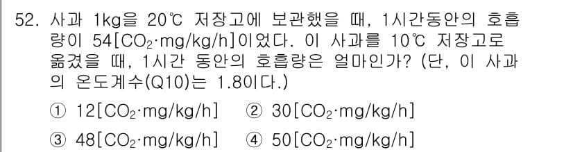 식품산업기사 2018년 52번 - 사과의 호흡량은 온도에 따라 변화하며, 주어진 정보를 통해 온도 차에 따... 에 관한 핵심 기출문제