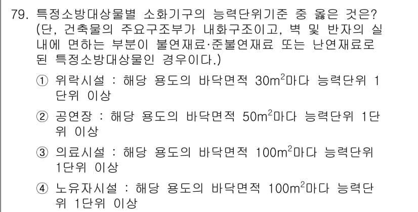 소방설비산업기사(기계) 2018년 79번 - 정답 4번은 "해당 용도의 바닥면적 100㎡ 이상, 능력 준위 1단위 이... 에 관한 핵심 기출문제