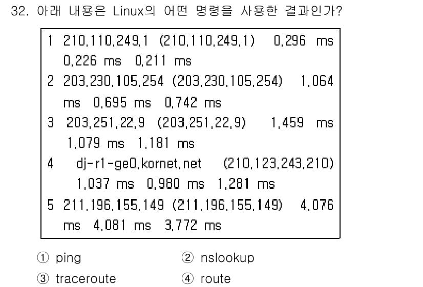 네트워크관리사_1급 2018년 33번 - . route

해설: 출력된 정보는 네트워크 경로에 대한 라우팅 정보를... 에 관한 핵심 기출문제