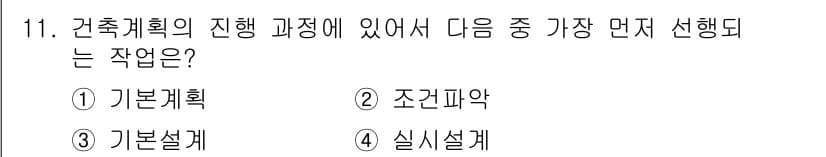 건축산업기사 2018년 11번 - 정답은 2번 조경피악입니다. 건축계획의 진행 과정에서 조경은 기본계획 후... 에 관한 핵심 기출문제