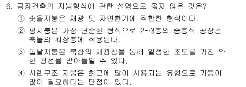 실내건축산업기사 2018년 6번 - 정답 4번은 사륜구동 지붕이 최근에 많이 사용되는 유형으로, 기둥이 필요... 에 관한 핵심 기출문제