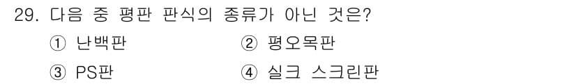 시각디자인산업기사 2015년 29번 - . 

해설: 난반판, 평오목판, 실크 스크린판은 모두 평판 인쇄에 해당... 에 관한 핵심 기출문제