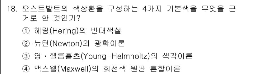 시각디자인산업기사 2016년 18번 - 정답은 3번, 영-헬름홀츠(Young-Helmholtz)의 색깔 이론입니... 에 관한 핵심 기출문제