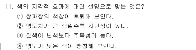 시각디자인산업기사 2018년 11번 - 색의 지각적 효과에 따르면, 장파장의 색상은 후퇴하여 보이는 경향이 있다... 에 관한 핵심 기출문제