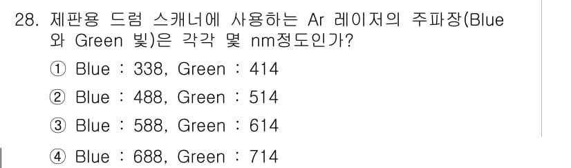 시각디자인산업기사 2018년 28번 - 인쇄용 드럼 스캐너에서 사용하는 레이저의 주파장은 Blue와 Green ... 에 관한 핵심 기출문제
