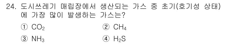폐기물처리산업기사 2017년 24번 - . 

도시 쓰레기 매립장에서 발생하는 가스는 주로 혐기성 분해 과정에서... 에 관한 핵심 기출문제